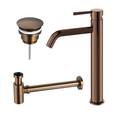 Fortifura Calvi Wastafelkraanset - verhoogde wastafelkraan - always open plug - verlaagde design sifon - Geborsteld koper PVD (Koper) SW970032 / SW799403 / SW799405