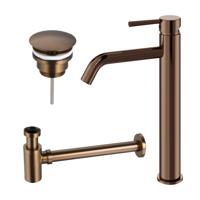 Fortifura Calvi Wastafelkraanset - verhoogde wastafelkraan - always open plug - verlaagde design sifon - Geborsteld koper PVD (Koper) SW970032 / SW799403 / SW799405