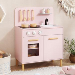 Speelkeuken voor Kinderen Vanaf 3 Jaar Houten Speelkeuken met Licht Geluid Fornuizen Gootsteen Oven en Keukenaccessoires Wit/Roze