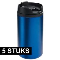 Thermosbeker/warmhoudbeker Koffie To Go - 5x - metallic blauw - 290 ml - dubbelwandig - met schroefd