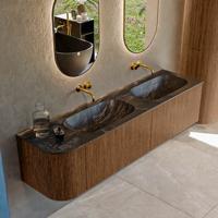 Mondiaz KURVE-DLUX 175 cm Onderkast Greeploos 2 Lades Met Deuren Walnut, Wastafel Solid Surface Rechts Lava 0 Kraangaten Zonder Spiegel (KRVSTS175L2L1D0KD-Wal/Lav)
