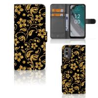 Nokia C32 Hoesje Gouden Bloemen | Portemonnee hoesje