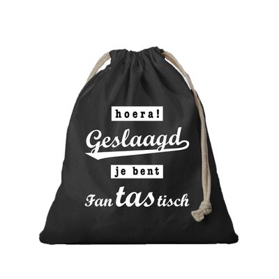 1x Canvas cadeautasje hoera geslaagd zwart met koord 25 x 30 cm