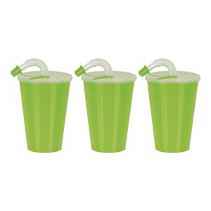 Drinkbeker met deksel en rietje - 6x - groen - kunststof - 450 ml - 12 x 9 cm