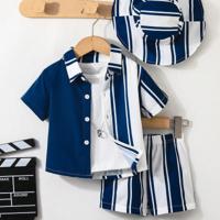 3pcs/Set Summer Baby Boys Casual Sports Striped Short Sleeve Shirt Top, Striped Shorts And Hat Outfit Set Royal Blue / 2-3Y