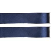 Hobby/decoratie sierlint - 2x - satijn - donkerblauw - 1,5 cm/15 mm x 25 meter - cadeaulint