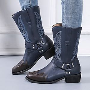 Dames Laarzen Cowboy westernlaarzen Grote maten Buiten Dagelijks Halfhoge laarzen Blok hiel Blokhak Gepuntte Teen Vintage Casual minimalisme PU Rits Bloemig Blauw Bruin Koffie Lightinthebox