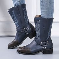Dames Laarzen Cowboy westernlaarzen Grote maten Buiten Dagelijks Halfhoge laarzen Blok hiel Blokhak Gepuntte Teen Vintage Casual minimalisme PU Rits Bloemig Blauw Bruin Koffie Lightinthebox
