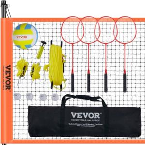 VEVOR Volleybalnet In hoogte verstelbaar badmintonnet, 36" x 370" Draagbaar strandvolleybalnet, Oranje volleybalnet Opvouwbaar volleybalnet met volleybal, draagtas en badmintonracket