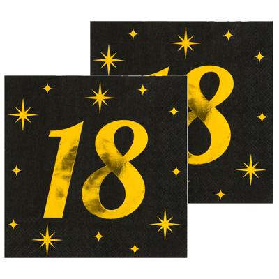Verjaardag feest servetten - leeftijd 18 jaar - 32x stuks - zwart/goud - sterren - 33 x 33 cm
