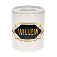 Spaarpot met voornaam Willem - wit - goud/zwart embleem - 8 x 9 cm - keramiek - afsluitdop