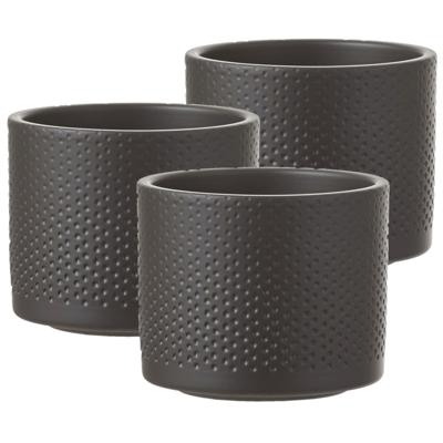Mica Decorations Bloempot - Set van 3x stuks - antraciet - relief - keramiek - D12 x H10 cm - plante