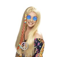 Dames Flower Power Hippie Sixties verkleed set pruik en bril en peace ketting - thumbnail