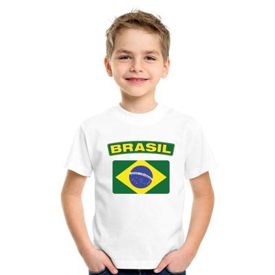 Supporters kleding - t-shirt van vlag Brazilie - wit - voor kinderen - korte mouwen - sport