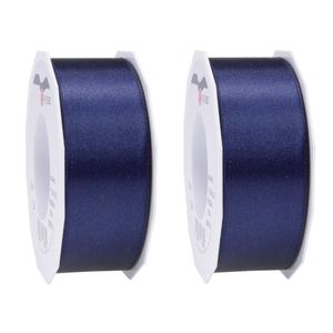 2x Luxe donkerblauwe satijnen lint rollen breed 4 cm x 25 meter cadeaulint verpakkingsmateriaal - Cadeaulinten