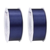 2x Luxe donkerblauwe satijnen lint rollen breed 4 cm x 25 meter cadeaulint verpakkingsmateriaal - Cadeaulinten