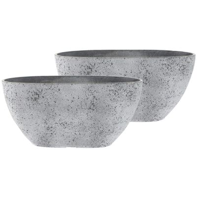 3x stuks bloempot/plantenpot balkonbak van gerecycled kunststof beton grijs D36 x 16 en H16 cm