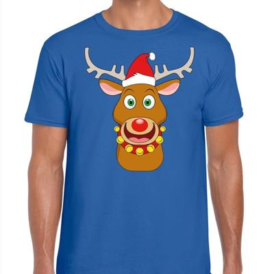 Foute Kersttrui t-shirt - Rendier Rudolf - Rode kerstmuts - blauw - voor heren Foute Kersttrui t-shirt - Rendier Rudolf - Rode kerstmuts - blauw - voor heren