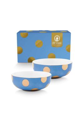 Pip Studio Set/2 Kommen Dot Delight Lichtblauw/Goud 15cm