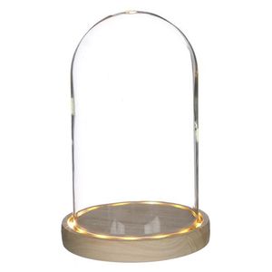 Ideas 4 Seasons Decoratie stolp - glas - houten plateau - LED licht - D14 x H21,5 cm   -