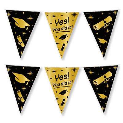 Geslaagd thema party Vlaggenlijn - 2x - binnen/buiten - plastic - zwart/goud - 10m - You did it