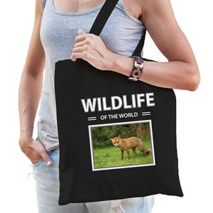 Katoenen tasje Vossen zwart - wildlife of the world Vos cadeau tas