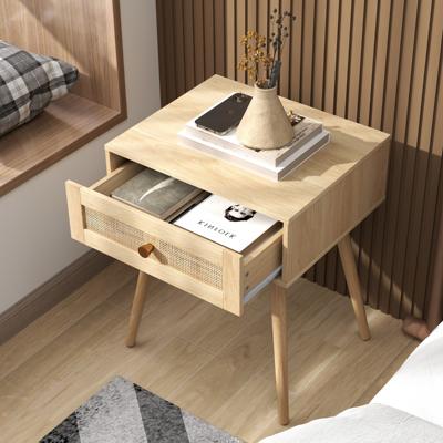 Nachtkastje Rattan Nachttafel met Lade en Massief Houten Poten Bijzettafel Salontafel Nachtconsole Natuur