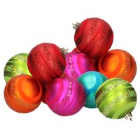 12x stuks kunststof kerstballen gekleurd met glitter rand 8 cm