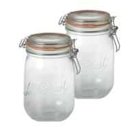 Voorraad/weckpot - 2x - transparant - glas - 17,6 x 8,5 cm - 1 L - Le Parfait