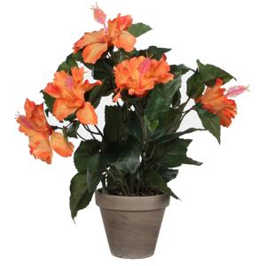 Kunstplant Hibiscus - oranje - H40 x D30 cm - grijze pot - nepplant