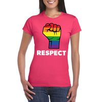 Respect LGBT shirt met regenboog vuist roze dames - thumbnail
