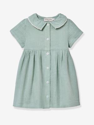 Korte jurk van katoengaas saliegroen