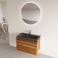 Fontana Freestone badkamermeubel walnoot 80cm met natuurstenen wastafel 1 kraangat en ronde spiegel