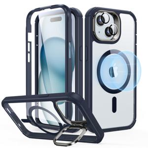 iPhone 15 Armor Tough Case with Stash Stand (HaloLock) Clear Dark Blue