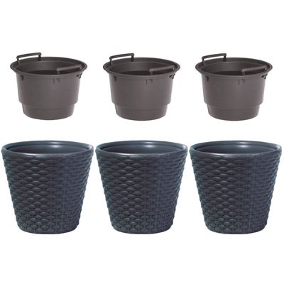 Set van 3x kunststof Rato rotan bloempotten/plantenpotten antraciet 12 liter met binnenpot 8 liter