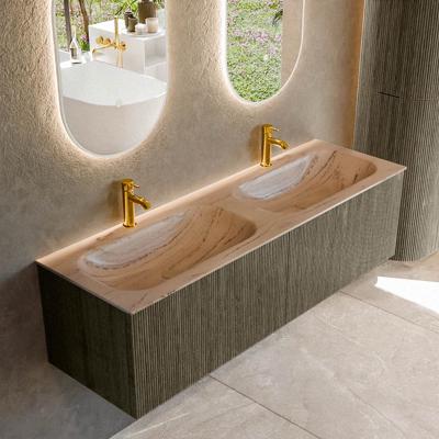 Badmeubel Mondiaz Kurve-Dlux | 150 cm | Meubelkleur Shadow | Wastafelkleur Arena | Solid surface | Wasbak beide zijden spoelbak | 2 kraangaten
