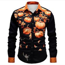 Halloween Pompoen Casual Voor heren Overhemd met knopen Lange mouw Feest / Avond Herfst Winter Lente zomer Strijkijzer Overhemdkraag Dichtknopen 3D-afdrukken Dun Oranje Polyester Lightinthebox