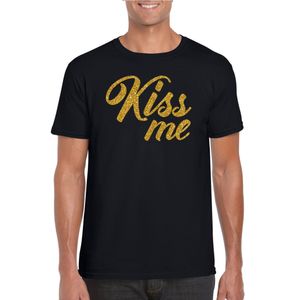 Kiss me goud tekst t-shirt zwart heren kus me - Glitter en Glamour goud party kleding shirt