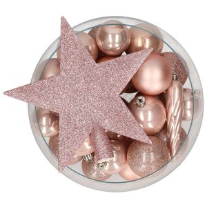 Bellatio Decorations set 33x stuks kunststof kerstballen met ster piek lichtroze - Kerstbal