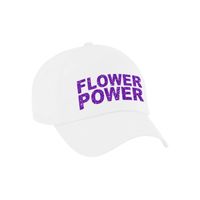 Paarse glitter letters flower power verkleed pet/cap wit volwassenen - Verkleedhoofddeksels