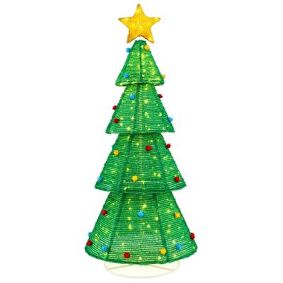 190 cm Opvouwbare Kerstboom met 200 Geïntegreerde LED-Lampjes Voorverlichte Kerstboom Topster Bontballetjes Kabelbinders