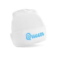 Wintersport muts voor volwassenen - Queen - wit - blauwe glitters - one size - Apres ski beanie - thumbnail