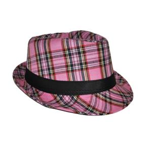 Verkleed hoed Schotse ruit - roze - Al Capone model - Trilby hoed/gleufhoed - gangster/maffia thema