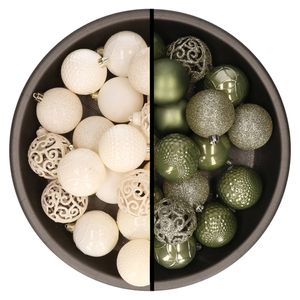 Kerstballen - 74x stuks - wol wit en mos groen - 6 cm - kunststof - Kerstbal