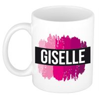 Naam cadeau mok / beker Giselle met roze verfstrepen 300 ml