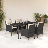 5-delige Tuinset met kussens poly rattan zwart