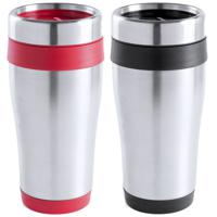 Warmhoudbekers/thermos isoleer koffiebekers/mokken - 2x stuks - RVS - zwart en rood - 450 ml