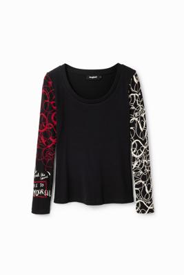 Geribbeld T-shirt met penseelstreken - BLACK - XL