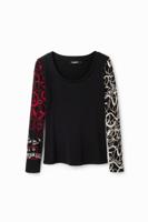 Geribbeld T-shirt met penseelstreken - BLACK - XL