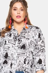Ulla Popken Blouse, licht oversized, comicprint, afgeronde zoom - Grote Maten